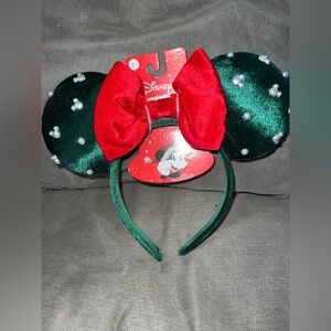 Disney Green Velvet Mickey Ears Minnie Ears Red Bow Headband Christmas Pearls